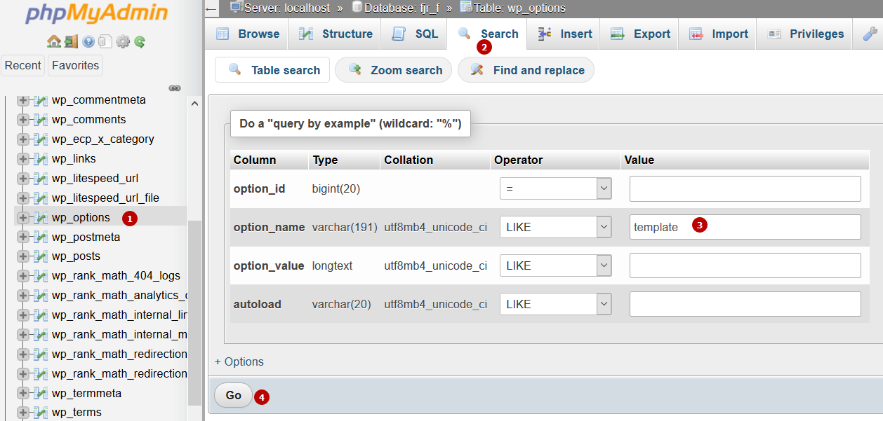 wp options template search