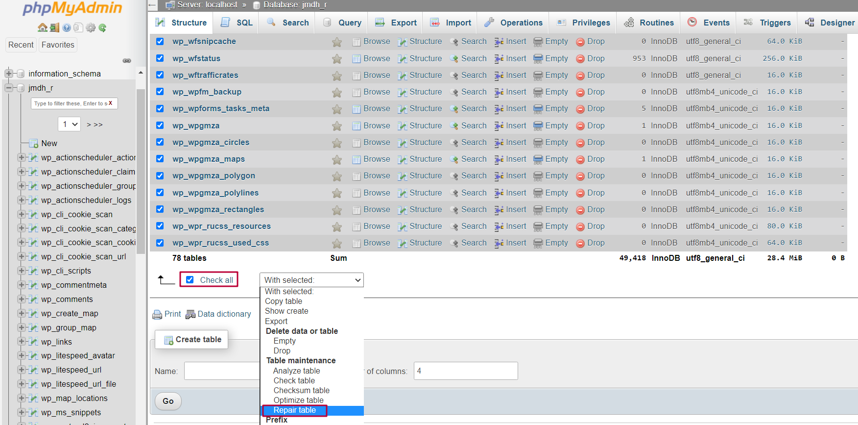 Repair database in phymyadmin