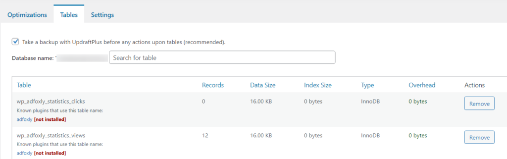 WP optimize uninstalled plugin table