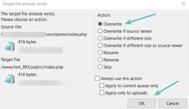 overwrite wordpress ftp