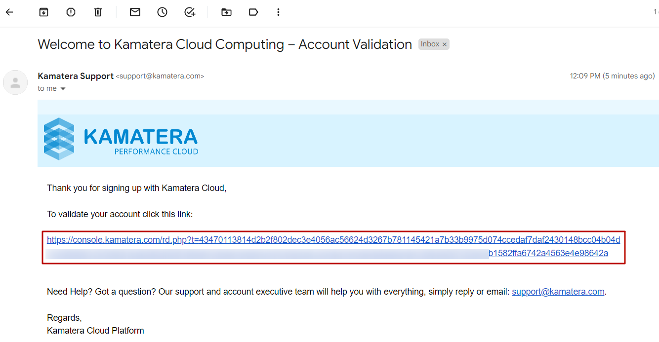 Kamatera Free Trial - Email Validation Link
