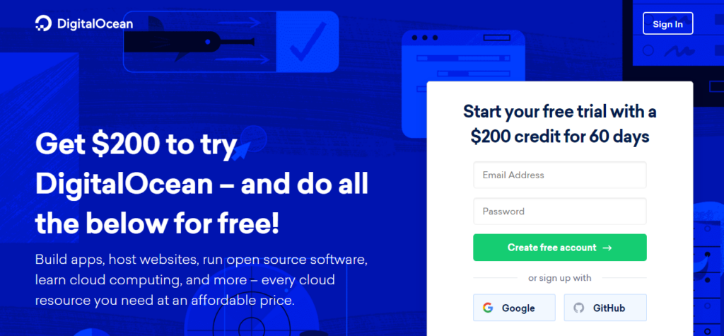 digital ocean free trial page