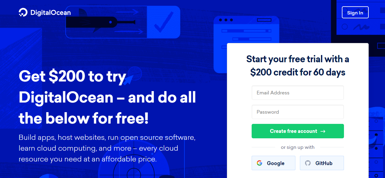 digital ocean free trial page
