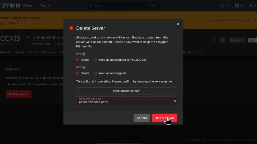 hit delete server