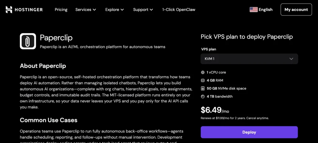 hostinger paperclip vps page