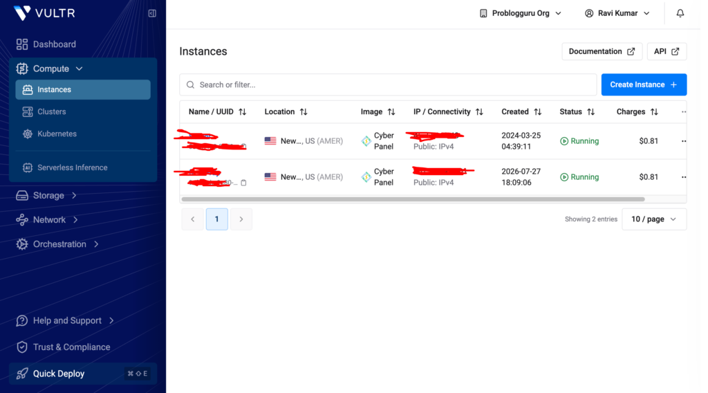 vultr dashboard